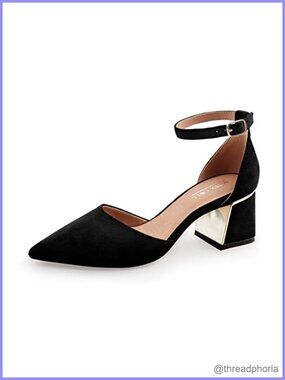 Pointed Toe Pumps Ankle Strap Chunky Low Heels Metal Lined Sandals